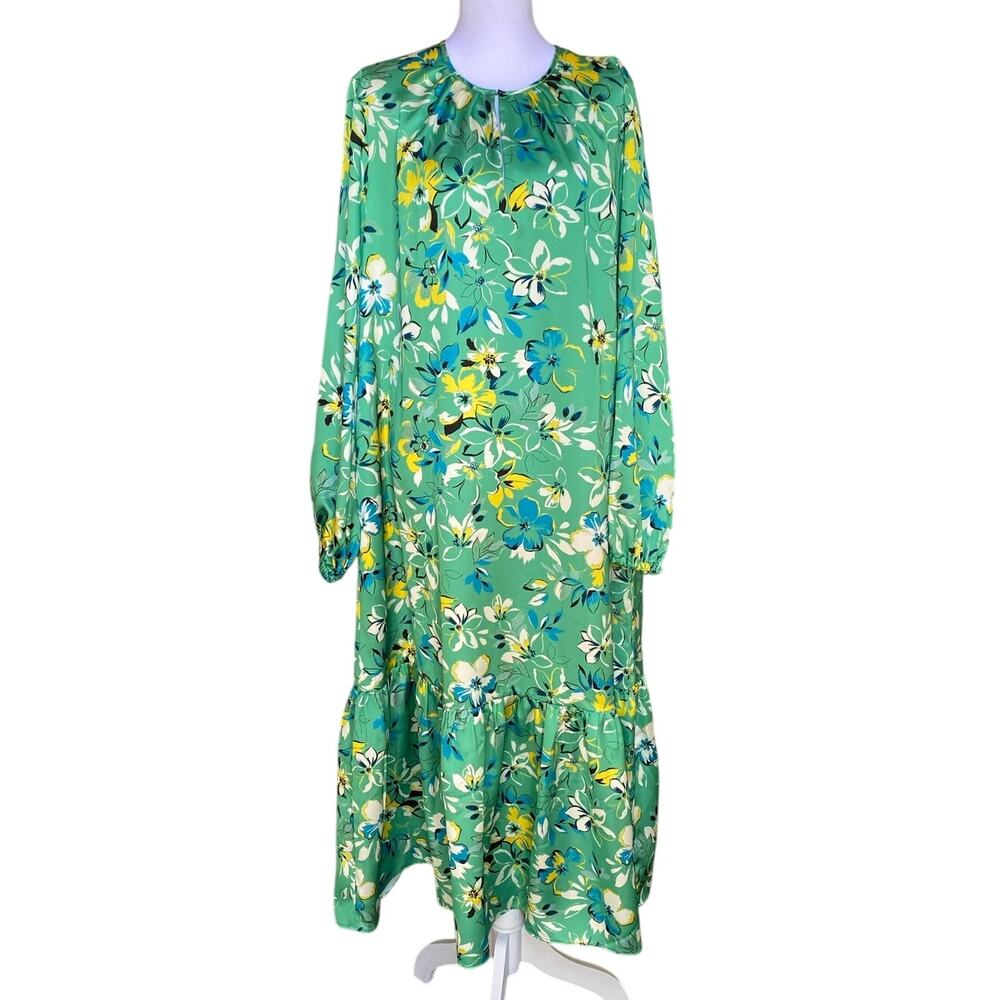 Ann Mashburn Botanical Floral Maxi Dress Blue Green Size Large